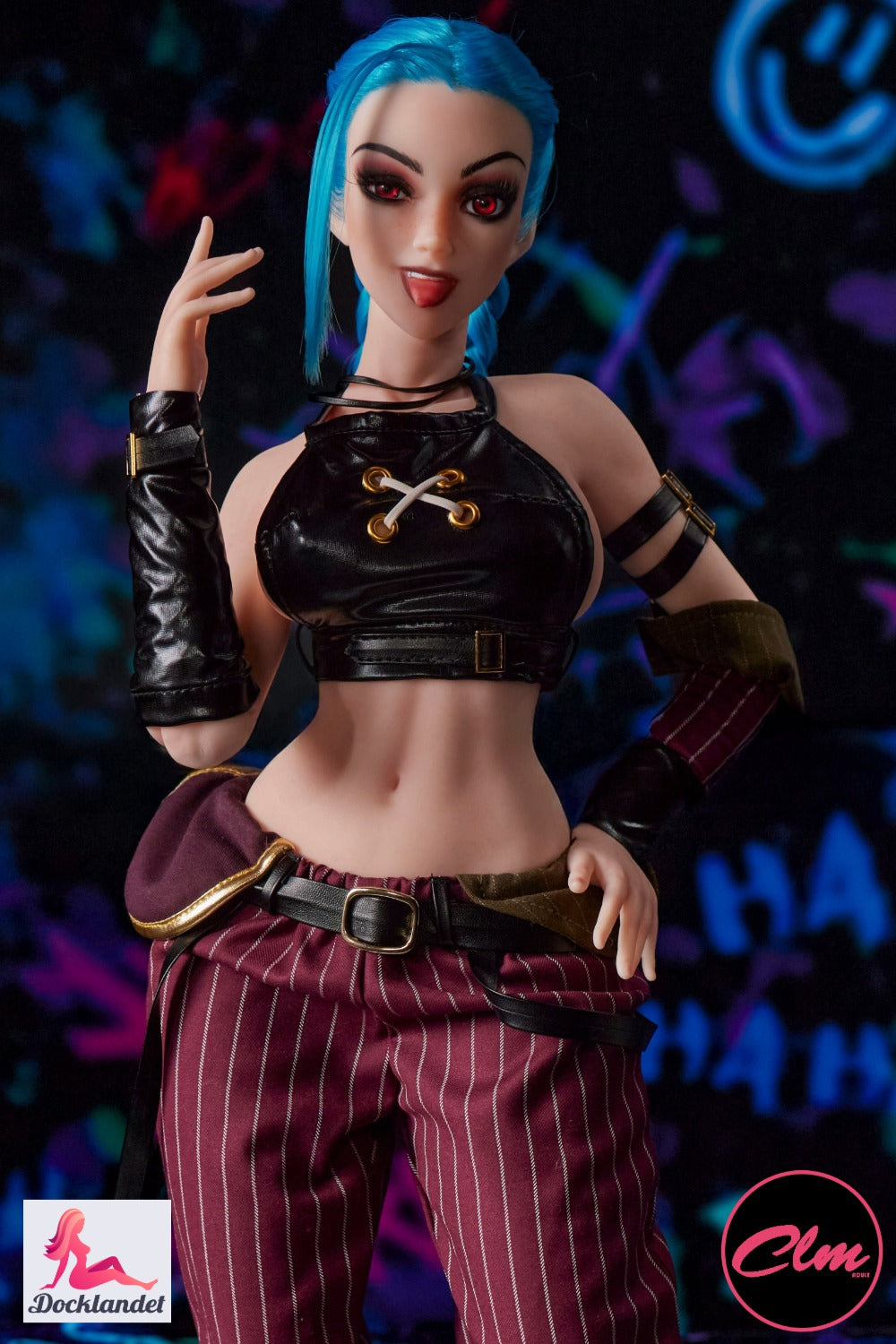 Climax Lėlė Jetta silikoninė mini lėlė raudonomis akimis, anime išvaizda, mėlynais plaukais ir įžūliu cosplay stiliumi