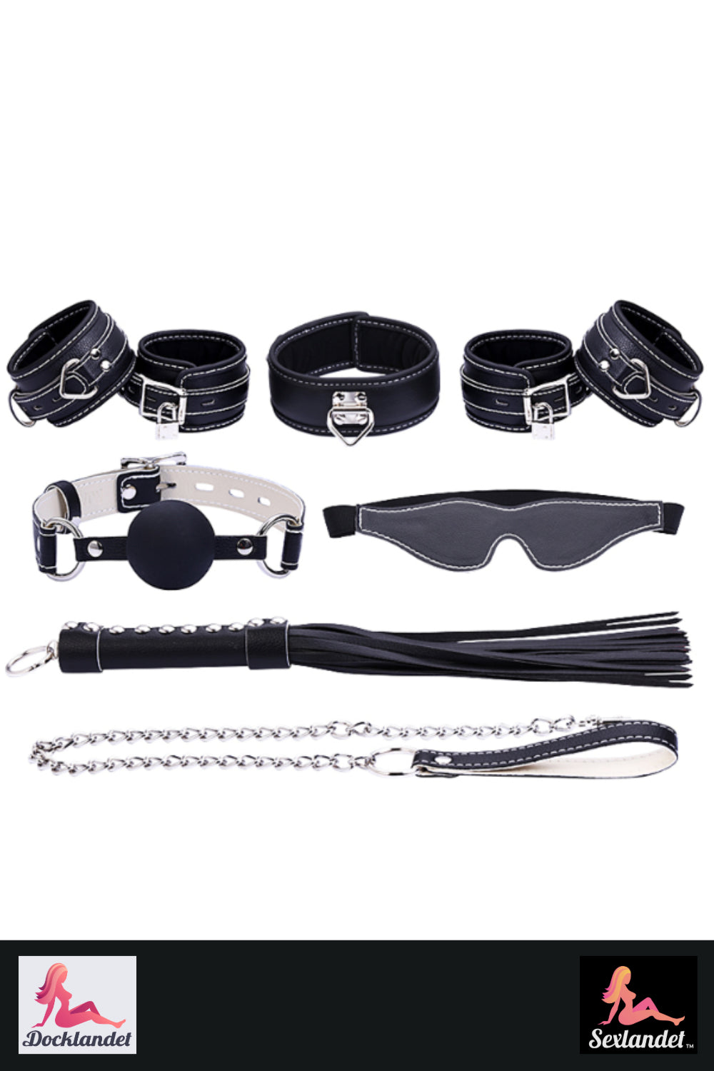 BDSM Rinkinys – antrankiai, rykštė, pavadėlis, kamštukas, akių kaukė (9 dalių rinkinys)